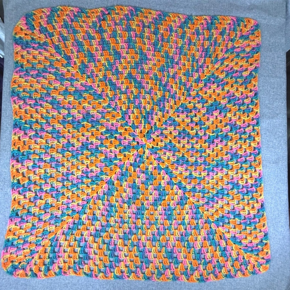 VTG Handmade Crochet Baby Blanket Multi-color Rainbow Spiral 43x43 Nursery Retro